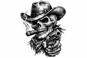 skull with cowboy-hat,a big cigar in his mouth and a gun in a hand. tattoo idea