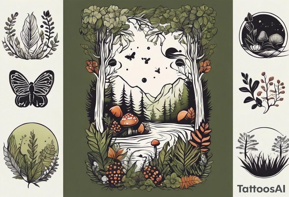 minimalistic forest floor inspired tattoo, which includes grass, moss, curly ferns and dead leaves as the bulk of the tattoo. details to include: forest berries, couple of very small brown mushrooms, a tiny bumblebee flying nearby tattoo idea