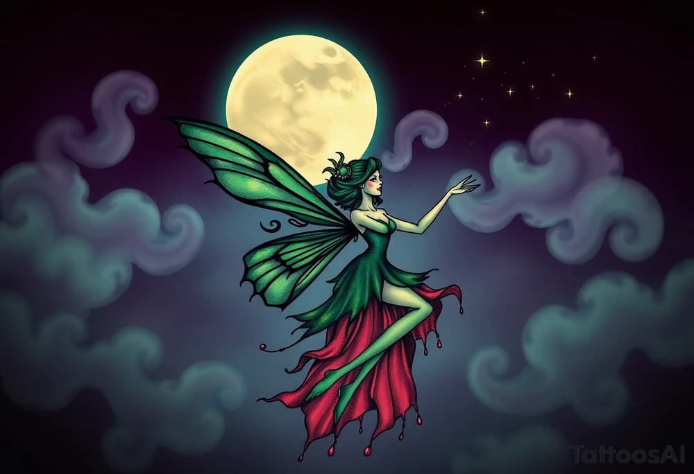Tim Burton’s pin up style Vintage Parisian elegant and beautiful yet eerie full body absinthe Green Fairy dances outside her victorian crystal decatur absinthe bottle Absinthe Art Nouveau   and dripping with muted reds, dusty pinks, and eerie green glow.purple and cyan smokey clouds swirl in the crescent moonlit sky thats sprinkled with stars tattoo idea