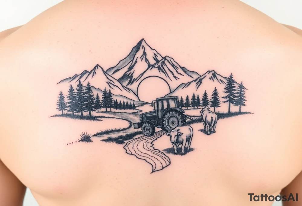 mountian, river, tractor, cow, sunset tattoo idea