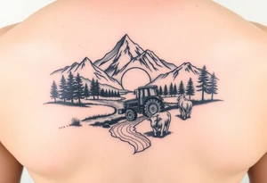 mountian, river, tractor, cow, sunset tattoo idea