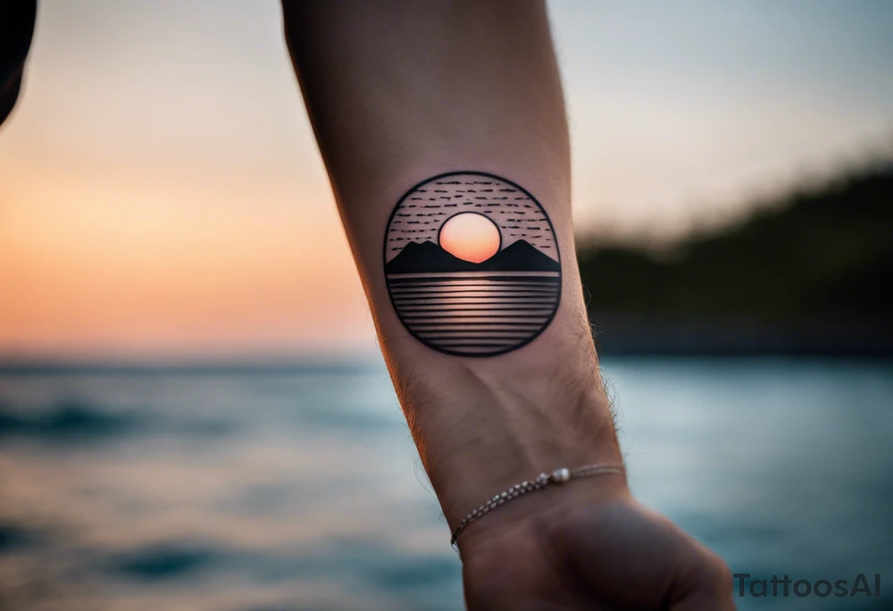 Minimalistic, small, black and white tattoo on male forearm. From the perspective of being on the ocean, the water is calm, with no waves in sight, the sun is setting behind the ocean, reflecting light onto the water. The tattoo in the shape of a rectangle, 4 inches wide by 2 inches tall. tattoo idea