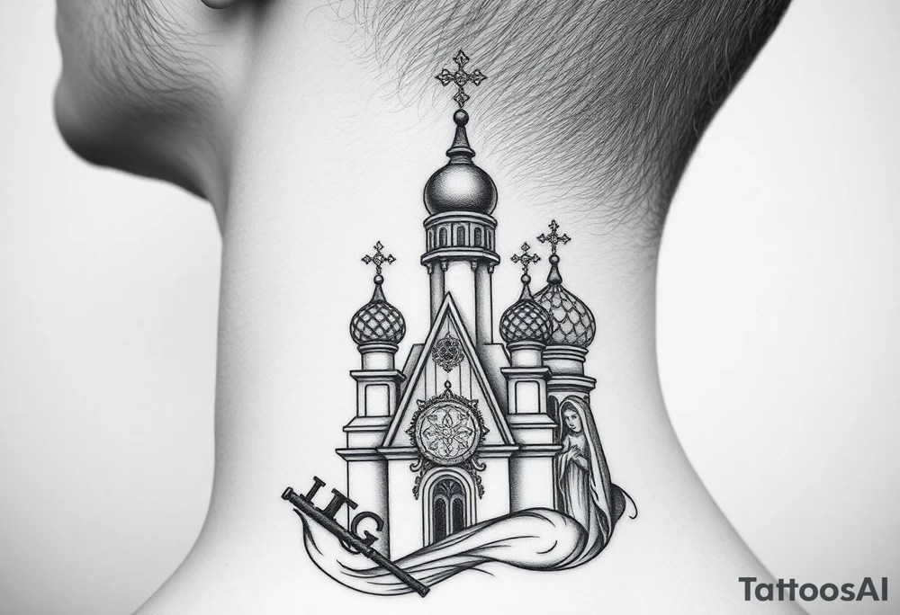Flowing Scene

A onion domes orthodox church
Virgin Mary in prayer pose wrapping around the lower neck curve
A small double headed russian coat of arms eagle or just the star tucked above the dome near the hairline tattoo idea