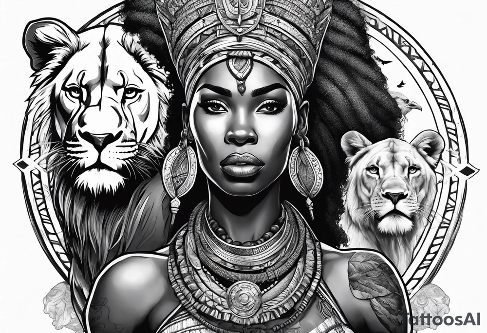 African woman warrior holding a spear with birds and lion in the background tattoo idea