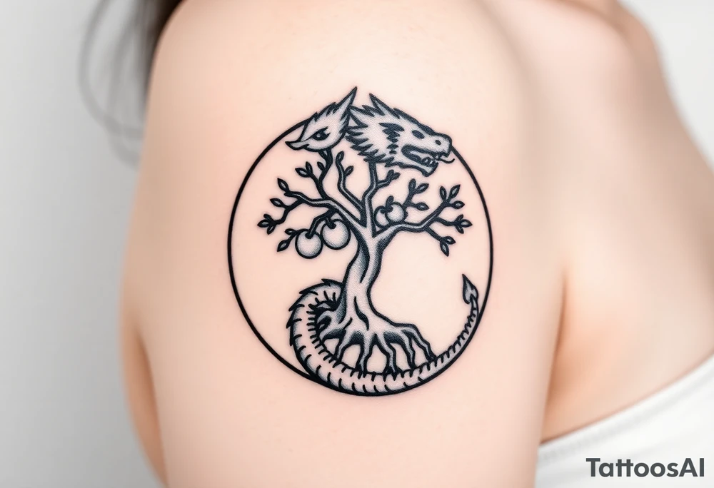 a dragon forming a circle with its body.  the dragon encircles the tree of life.   the tree of life has fruit  and the dragon is eating the fruit. the roots of the tree are strangling the tail of the dragon tattoo idea