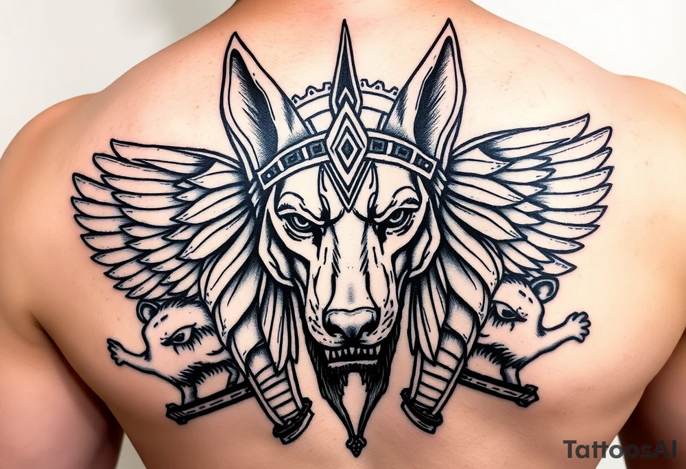 Egyptian Anubis god face muscle in Egypt style dog face surrounded Egyptian symbols and lions tattoo idea