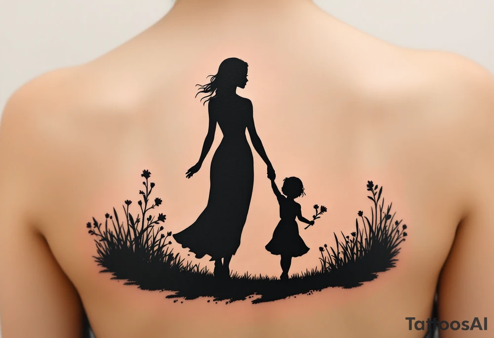 A black silhouette of a mother and young daughter walking hand in hand, the daughter holding a flower, with soft gray shading to suggest a sunset background. tattoo idea