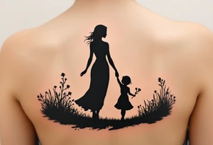 A black silhouette of a mother and young daughter walking hand in hand, the daughter holding a flower, with soft gray shading to suggest a sunset background. tattoo idea