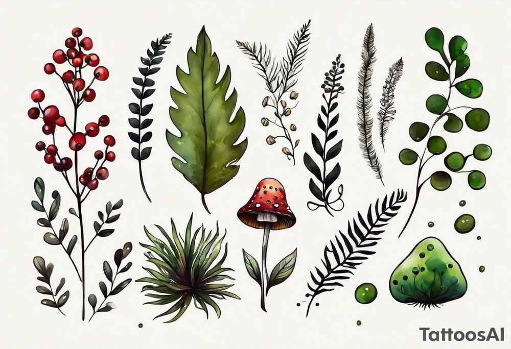 forest floor inspired minimalist tattoo, which includes grass, curly ferns, moss and dead leaves as the bulk of the tattoo. details to include: forest berries, a tiny bumblebee flying nearby, three small brown mushrooms
Generate a vertically long one tattoo idea