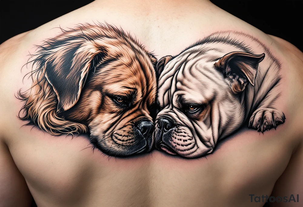 a golden retriever and an English bulldog, lying on their sides, head to head, foreheads touching, golden's head is larger than bulldog's tattoo idea