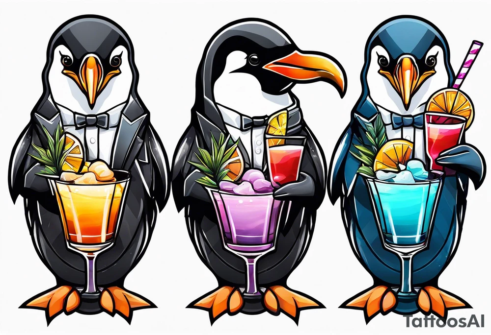 fun, penguin holding cocktails tattoo idea