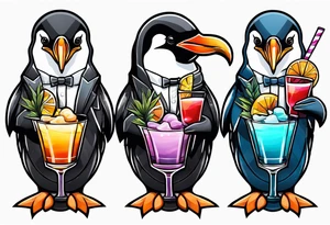 fun, penguin holding cocktails tattoo idea