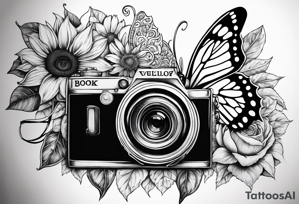 Butterfly, sunflower, camera, book,  flower rose tattoo idea