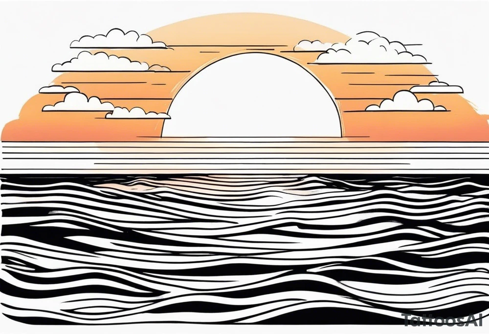 You're adding way too much. hand drawn minimal sunset. Only Ocean and sunset in the image. Very calm waters with barely any waves. tattoo idea