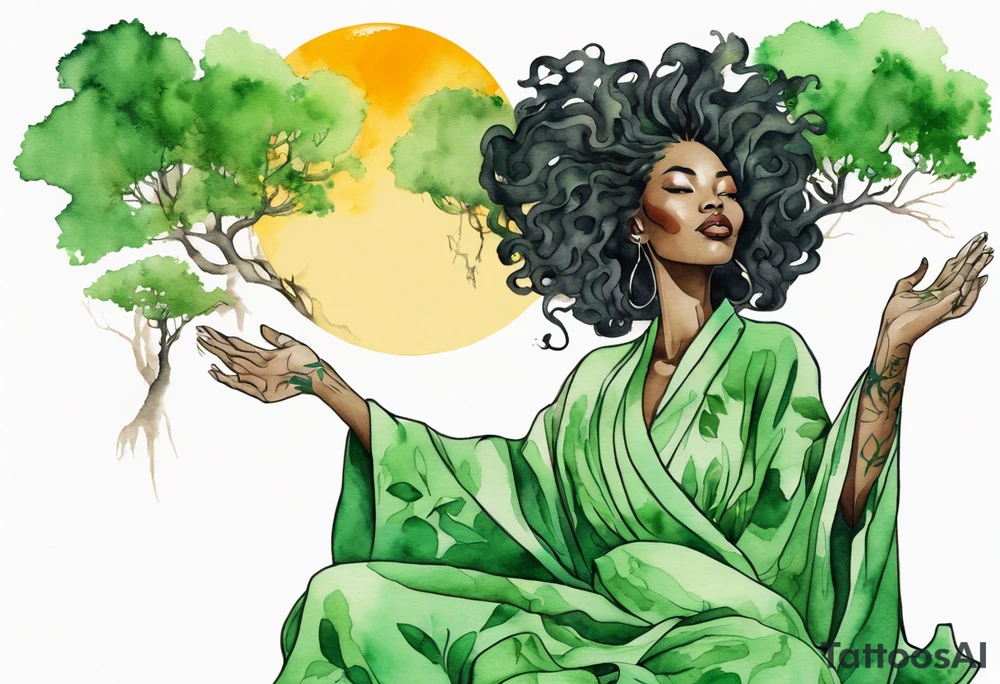 a beautiful black woman wearing a green robe with legs that turn into tree roots, arms raised towards the sun tattoo idea