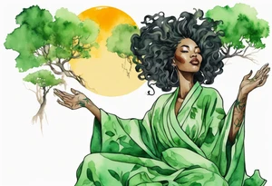 a beautiful black woman wearing a green robe with legs that turn into tree roots, arms raised towards the sun tattoo idea