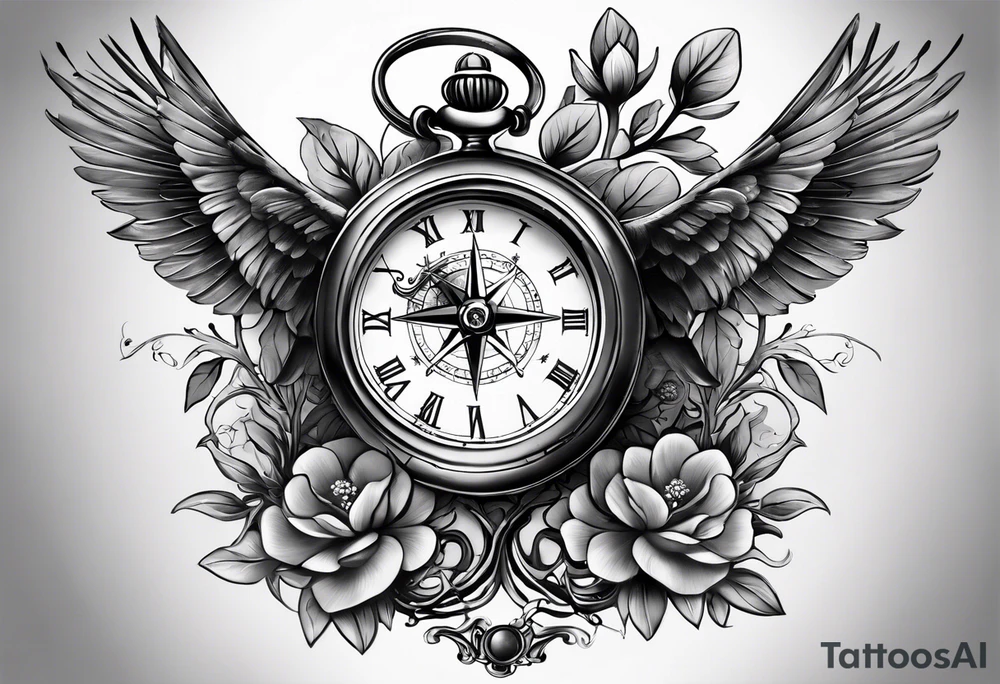 black and grey composition of three elements, 1), combination old school pocket watch and nautical compass, 2) a tree of life and 3) a doctor bird, connected together by lignum vitae flowers, on the arm 3/4 sleeve tattoo idea