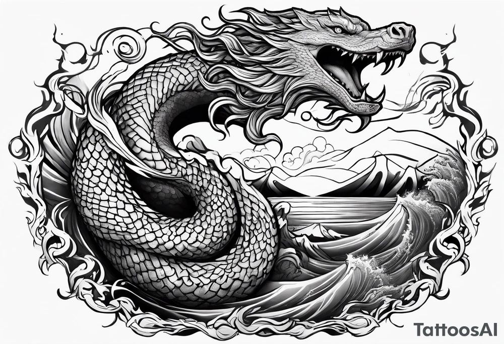 Jormungandr wrapped around world tree with waves crashing around tattoo idea