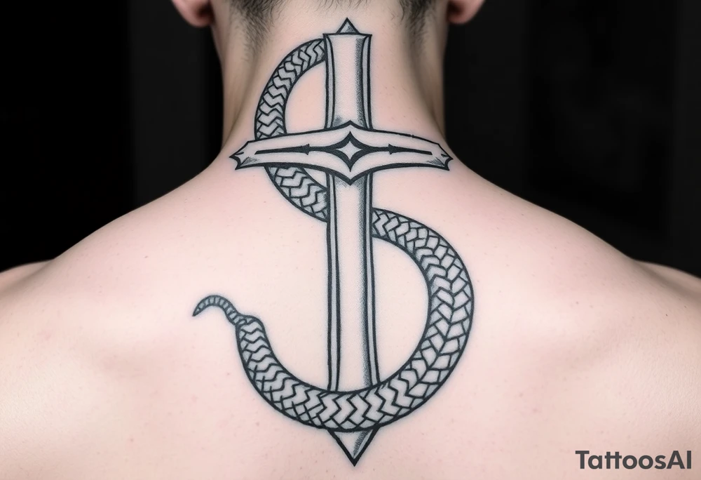 black and white drawing of a cross and a snake wrapped around it, leviathan cross, engulfed by a snake, which forms an infinity loop. The snake is depicted with intricate scales and a menacing expression, coiling tightly around the vertical shaft of the cross. The overall composition is bold and simplistic tattoo idea