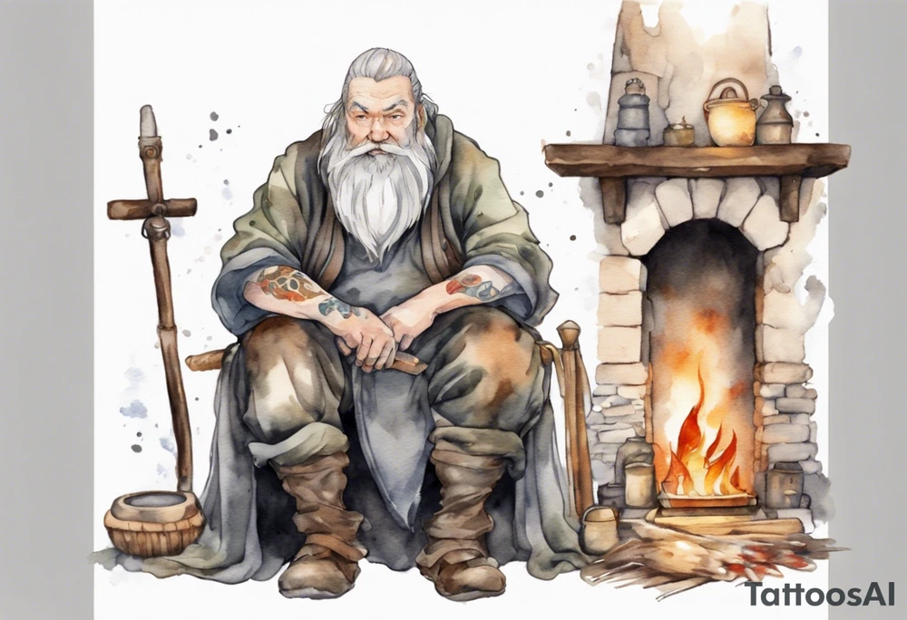 a large Medieval man with a grey beard sitting by the hearth tattoo idea