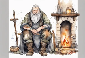 a large Medieval man with a grey beard sitting by the hearth tattoo idea