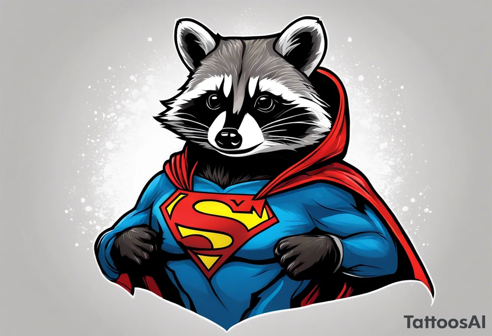raccoon wearing a Superman hoodie tattoo idea