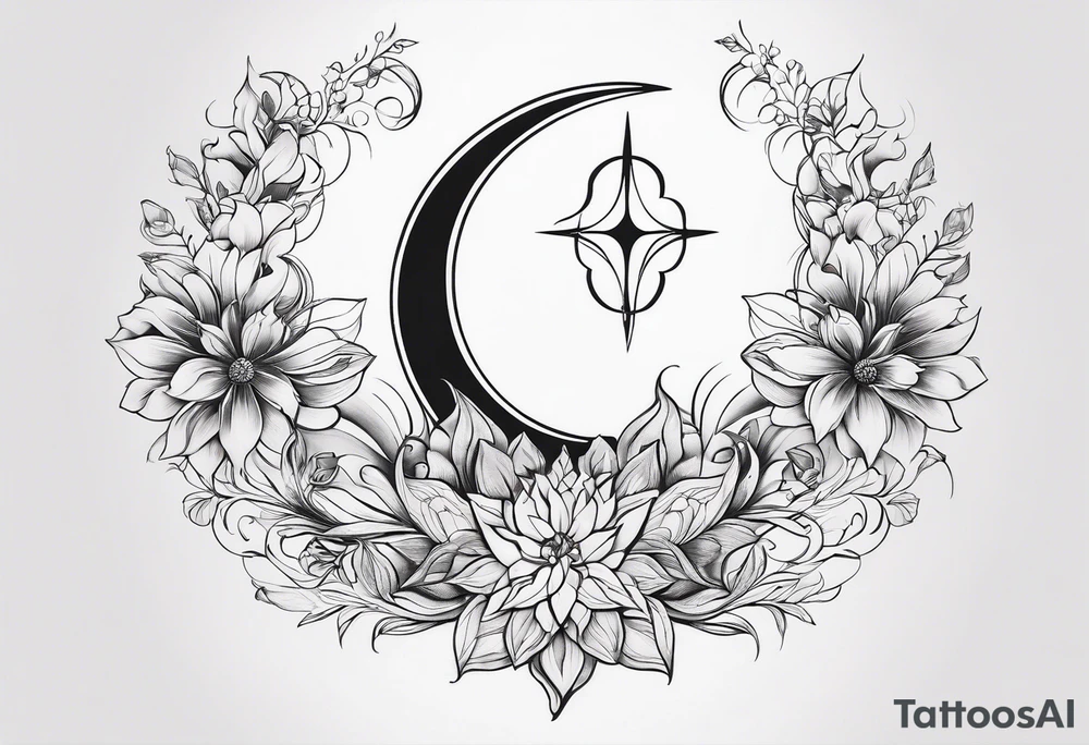 Tattoo on Woman’s Spine fine line, flower, moon, balance, eternity, perfection, love, patience, rising out of suffering tattoo idea