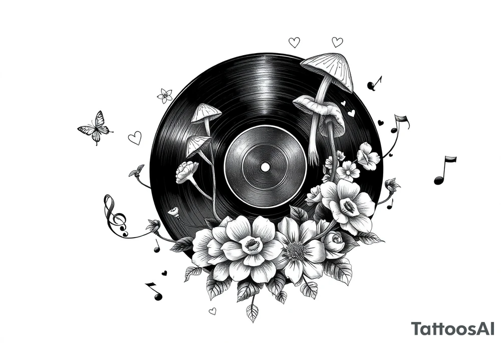 vinyl record with mushrooms, flowers, hearts, and music notes tattoo idea