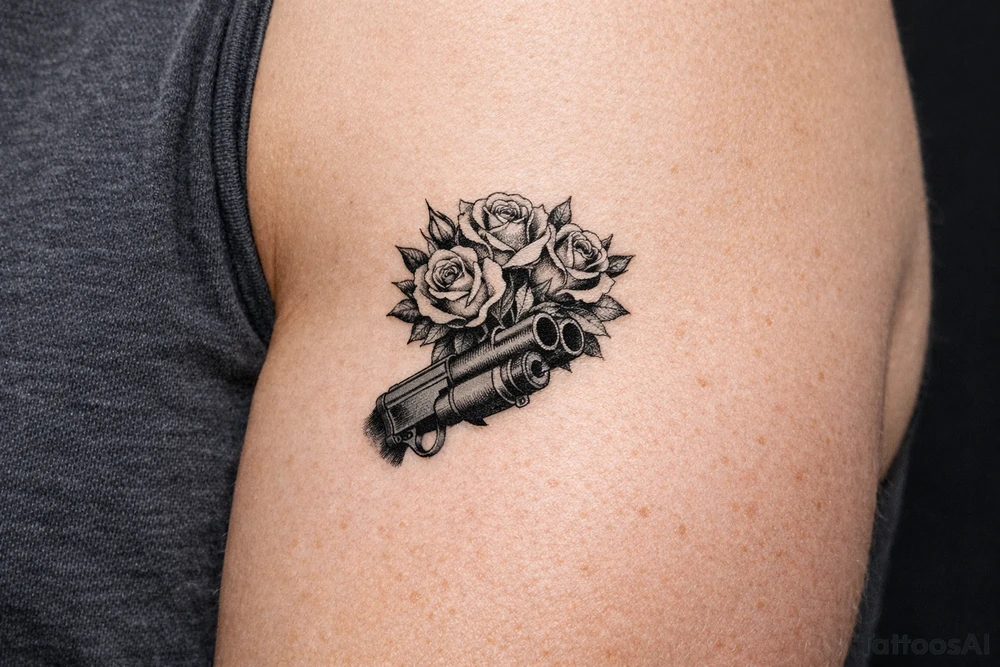 A bouquet of roses bursting from the barrel of a shotgun. tattoo idea