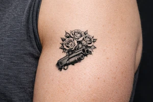 A bouquet of roses bursting from the barrel of a shotgun. tattoo idea