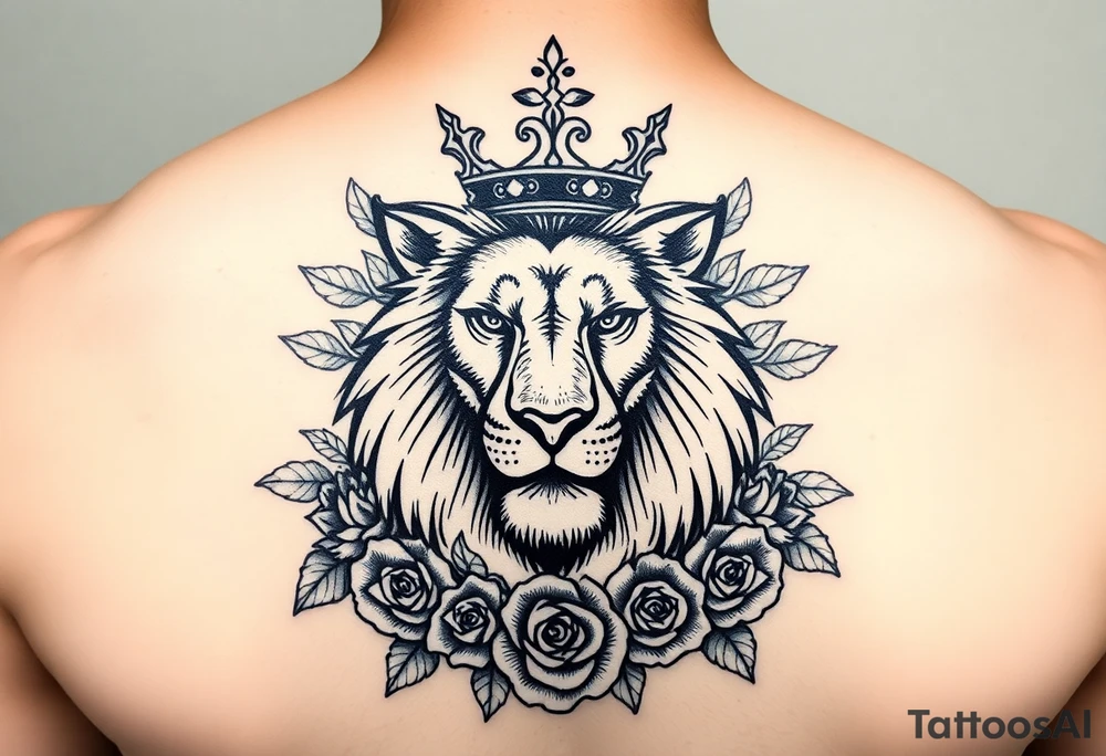 powerful majestic lion with a crown, surrounded by floral ornaments and roses tattoo idea