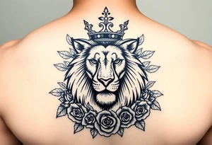 powerful majestic lion with a crown, surrounded by floral ornaments and roses tattoo idea