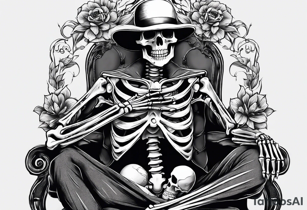 a full body skeleton sitting with his heart in his hand tattoo idea