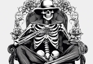 a full body skeleton sitting with his heart in his hand tattoo idea