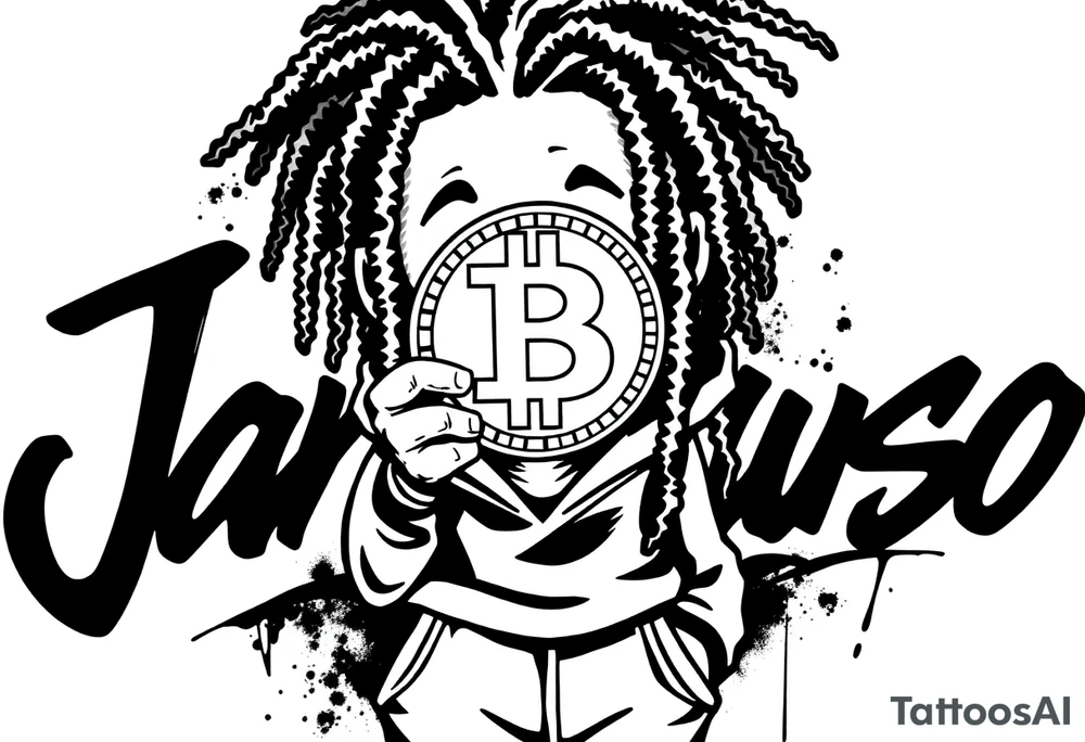 Create a tattoo stencil Use a street-art / pop-art vibe with a cartoon figure with dreadlocs holding a bitcoin to cover his eyes have bold lines, “x” for eyes. make them have on a hoodie and jogger sweatpants have in the background in graffiti letters “Jaruso” tattoo idea