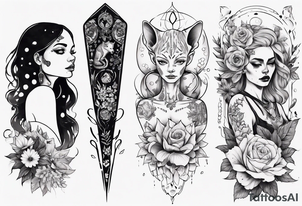 B&w tattoo arm with flowers dotting work and with an cat in it and a dark elf woman Scandinavian tattoo idea