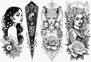 B&w tattoo arm with flowers dotting work and with an cat in it and a dark elf woman Scandinavian tattoo idea