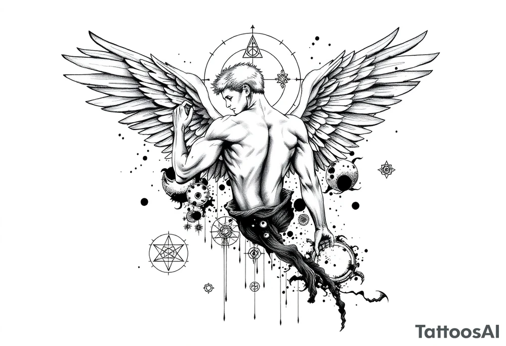 Highly detailed black and white tattoo design for forearm placement, allowing future extension into a full sleeve. Depict a dramatic surreal composition with a muscular male or androgynous angel in dynamic motion, large detailed wings partly torn or dissolving into abstract ink splashes, mixed with one demonic wing, surrounded by fine sacred geometry lines and circles, mythological and symbolic elements inspired by Icarus and Prometheus. Integrate fragmented body parts effect, thin minimal linework mixed with fine sketch shading, surreal horror accents like abstract dripping eyes, occult and alchemical symbols, black ink smoke, and thin composition lines connecting elements. High contrast, clean outlines, artistic etching style blended with minimal modern tattoo aesthetics, no background. tattoo idea