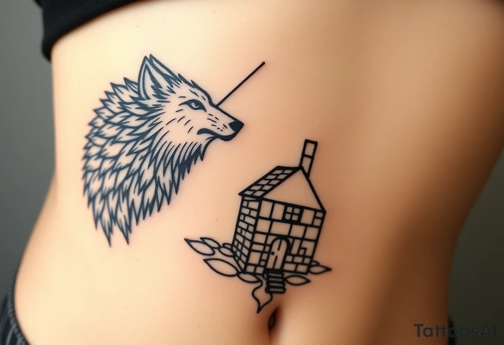 Big bad wolf  blowing down   a brick house tattoo idea