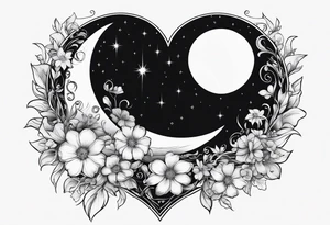 Crescent moon with a heart inside, shrouded by beautiful flowers with wisps of mist tattoo idea