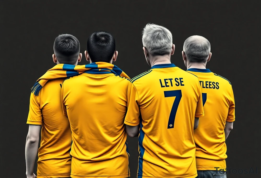 4 soccer fans from their backs, wearing yellow blue shirts. the second one from left having a kid on his shoulders, and he's rising a scarf.
the right one is older, more fat and shorter and wearing an shirt with the number 7 on it and has on his shoulders line like adidas
the left on has a yellow-blue Checkered on his shirt tattoo idea