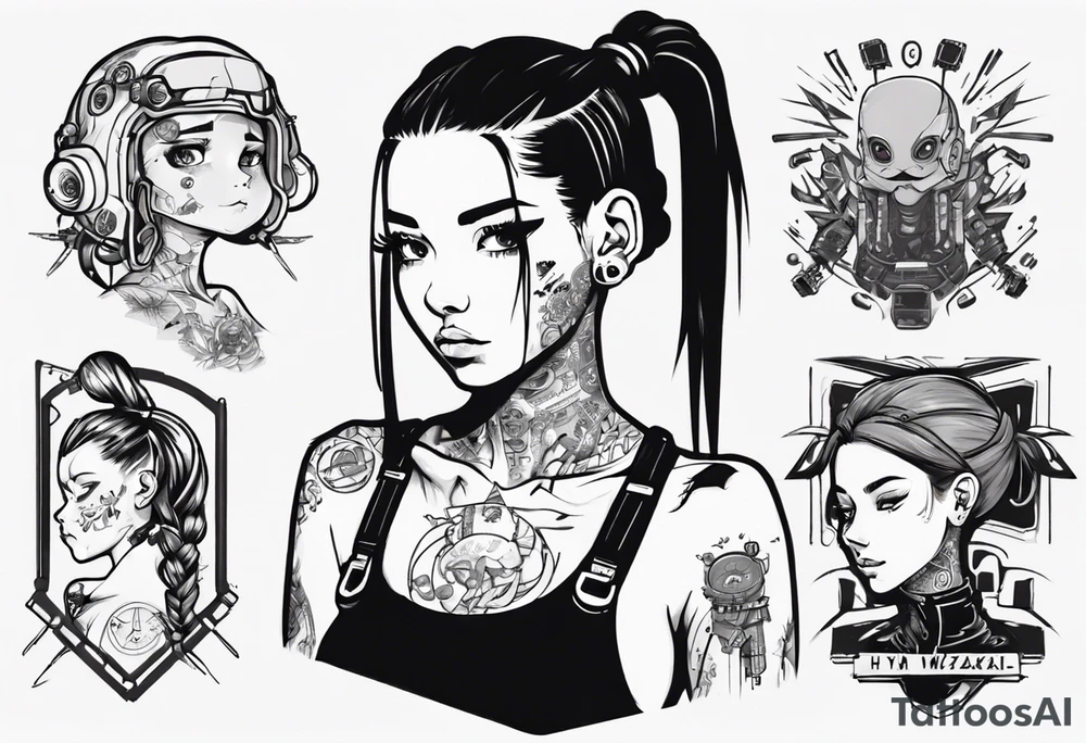 Cute cyberpunk girl with ponytail tattoo idea