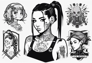 Cute cyberpunk girl with ponytail tattoo idea