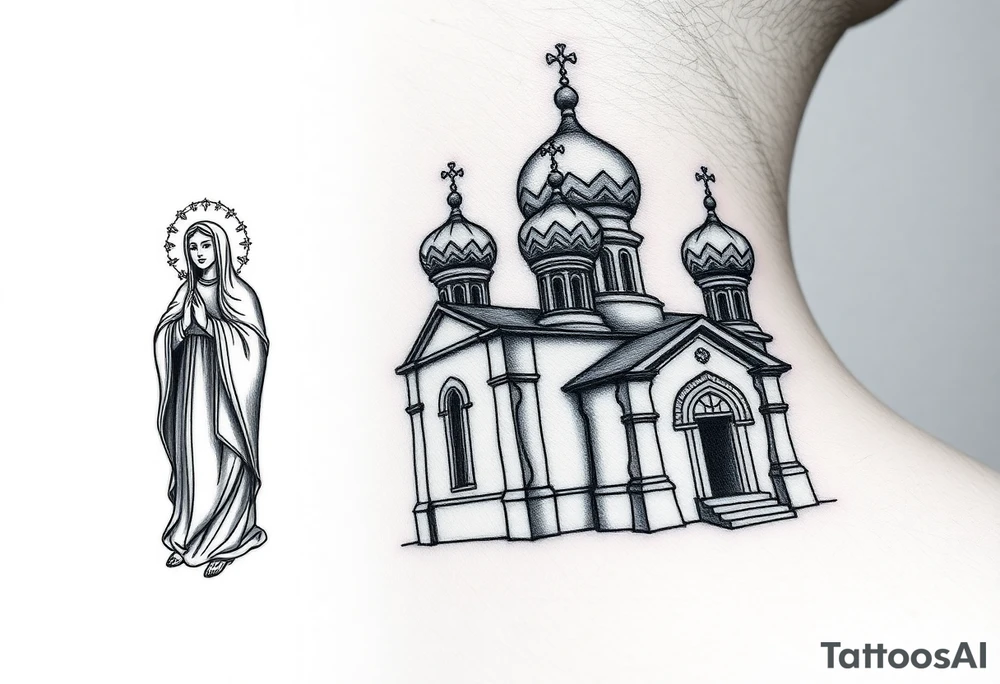 medium sized Russian orthodox church with bulb domes with a prominent russian orthodox style virgin mary stood outside to the left tattoo idea