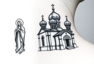 medium sized Russian orthodox church with bulb domes with a prominent russian orthodox style virgin mary stood outside to the left tattoo idea