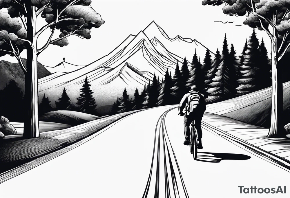 A man with a backpack walking down a road lined with trees, wheeling a bicycle towards a mountain tattoo idea