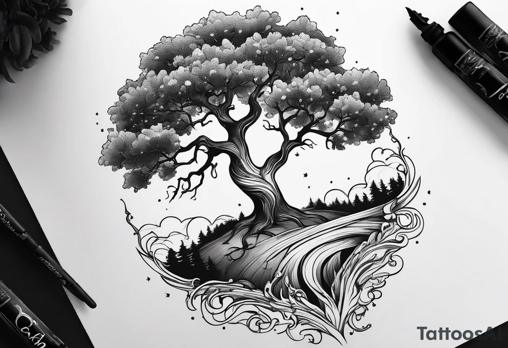One line tattoo of oak tree with little gift at the bottom tattoo idea