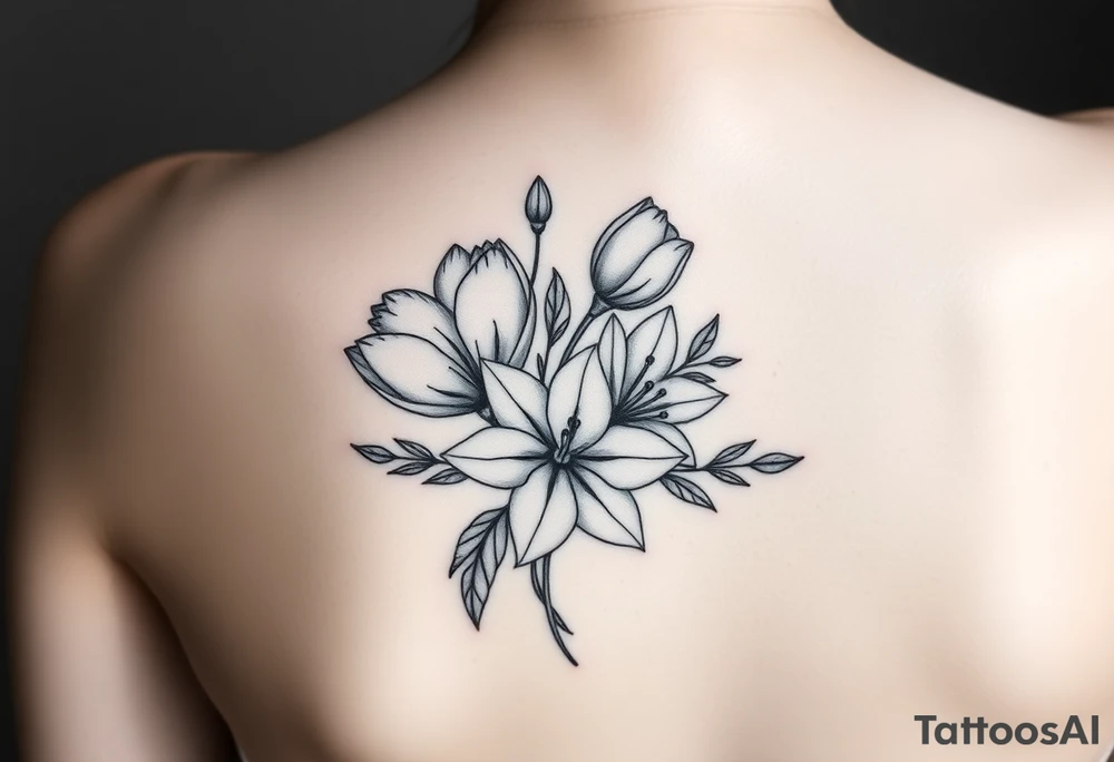 tulips, lily and daffodil clustered together tattoo idea