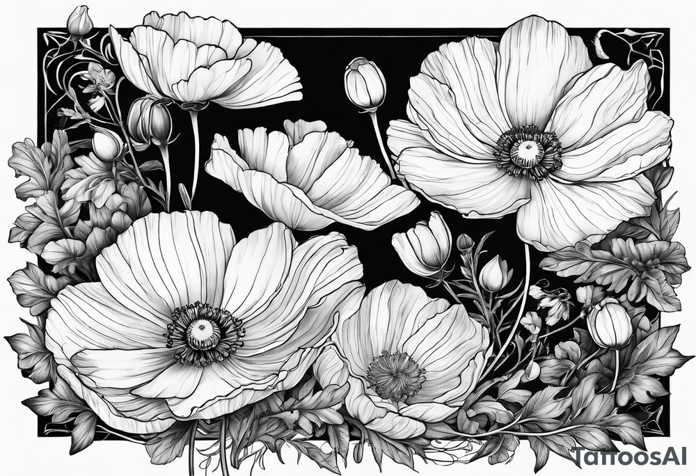 Cosmos, Poppy’s and Honeysuckle tattoo idea