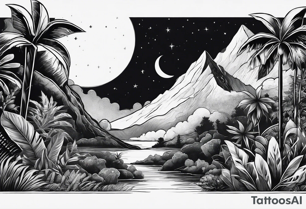 simple jungle, rocket, moon tattoo idea